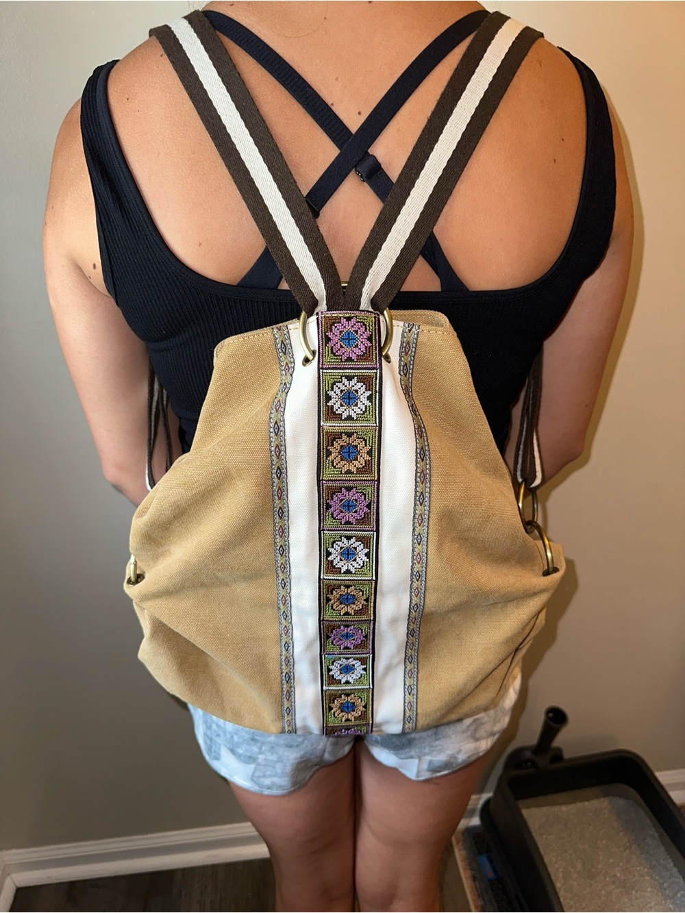 Boho Embroidered Canvas Backpack - Tan